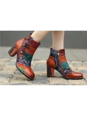 Socofy Leather Zip Round Toe Sewing High Block Heel Patchwork Ankle Boots